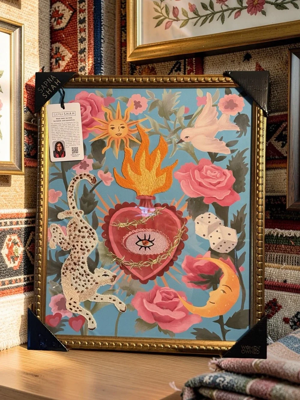 SAPNA SHAH NWT Blue Floral Sacred Heart Leopard Embroidered Wall Art 24” x 20”.